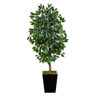 Nearly Natural 5 ft. Artificial Ficus Tree in Black Metal Planter