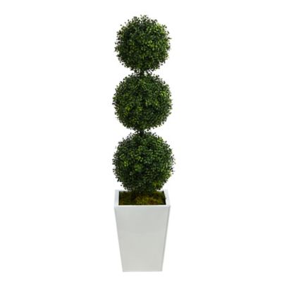 Nearly Natural 46 in. Artificial Indoor/Outdoor Boxwood Triple Ball Topiary Tree in White Metal Planter