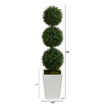Image showing  46 in. Artificial Indoor/Outdoor Boxwood Triple Ball Topiary Tree in White Metal Planter