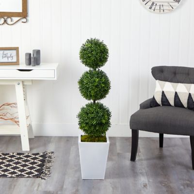 Image showing  46 in. Artificial Indoor/Outdoor Boxwood Triple Ball Topiary Tree in White Metal Planter