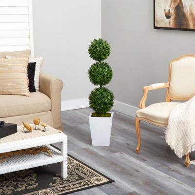 Image showing  46 in. Artificial Indoor/Outdoor Boxwood Triple Ball Topiary Tree in White Metal Planter