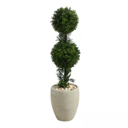 Nearly Natural 3.5' Indoor/Outdoor Boxwood Double Ball Topiary Artificial Tree in Sand-Colored Planter Artificial Plants & Flowers