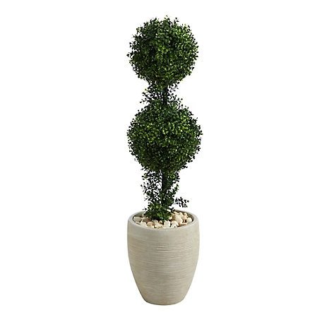 Nearly Natural 3.5 ft. Indoor/Outdoor Boxwood Double Ball Topiary Artificial Tree in Sand-Colored Planter