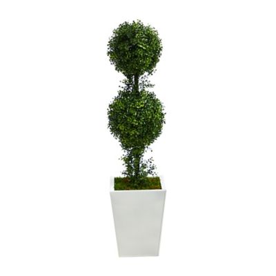 Nearly Natural 3.5 ft. Indoor/Outdoor Boxwood Double Ball Topiary Artificial Tree in White Metal Planter