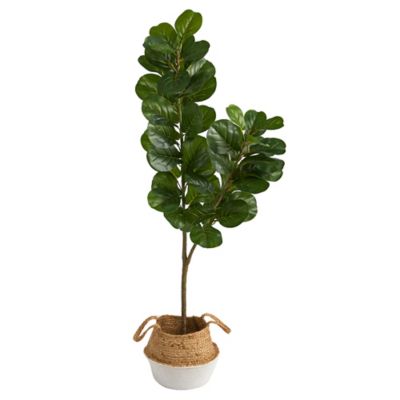 Nearly Natural 4.5 ft. Artificial Fiddle Leaf Fig Tree with White Boho Chic Handmade Cotton and Jute Woven Planter