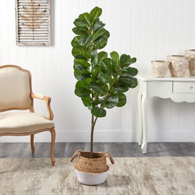 Image showing  4.5 ft. Artificial Fiddle Leaf Fig Tree with White Boho Chic Handmade Cotton and Jute Woven Planter