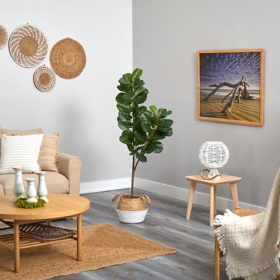 Image showing  4.5 ft. Artificial Fiddle Leaf Fig Tree with White Boho Chic Handmade Cotton and Jute Woven Planter