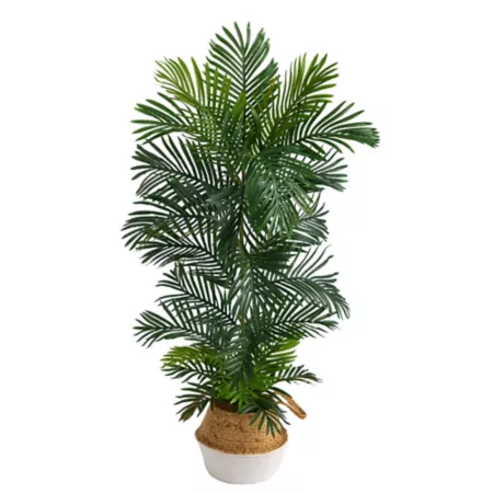 Nearly Natural 5ft Indoor/Outdoor UV Resistant Artificial Areca Palm Tree with White Woven Planter in Cotton and Jute Bohemian Chic Style Artificial Plants & Flowers