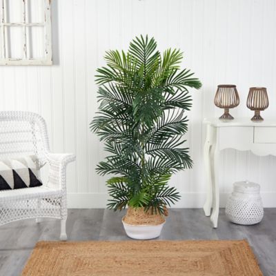 Image showing  5 ft. UV-Resistant Indoor/Outdoor Artificial Areca Palm Tree with Boho Chic Cotton and Jute White Woven Planter