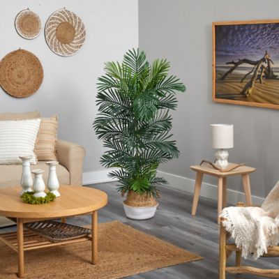 Image showing  5 ft. UV-Resistant Indoor/Outdoor Artificial Areca Palm Tree with Boho Chic Cotton and Jute White Woven Planter