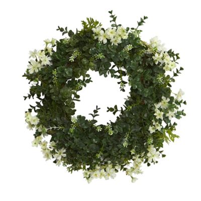 Nearly Natural 18 in. Eucalyptus And Dancing Daisy Double Ring Artificial Wreath with Twig Base