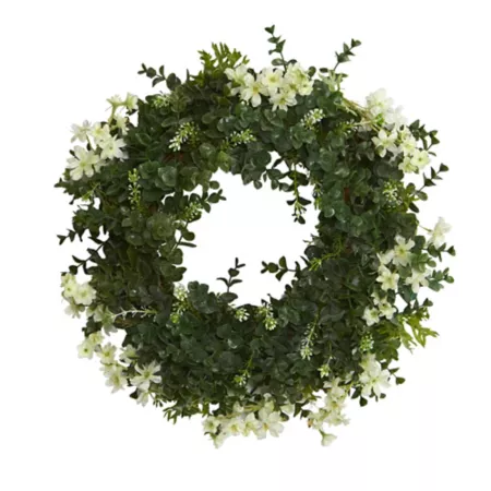 Nearly Natural 18" Artificial Double Ring Eucalyptus and Dancing Daisy Wreath with Twig Base Artificial Plants & Flowers