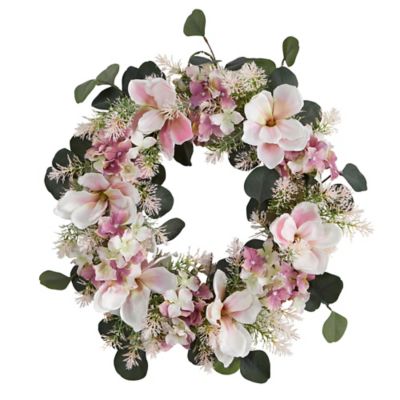 Nearly Natural 20 in. Hydrangea and Magnolia Artificial Wreath