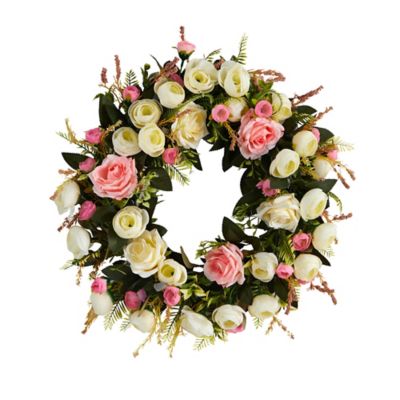 Nearly Natural 20 in. White and Pink Rose Artificial Wreath