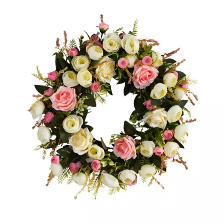 Nearly Natural 20" Artificial White and Pink Rose Wreath Artificial Plants & Flowers