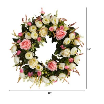 Image showing  20 in. White and Pink Rose Artificial Wreath