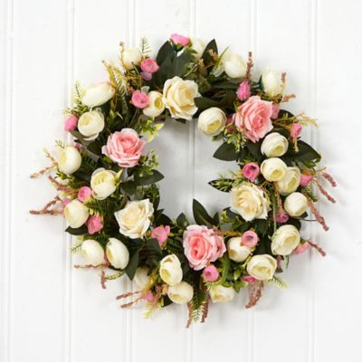Image showing  20 in. White and Pink Rose Artificial Wreath