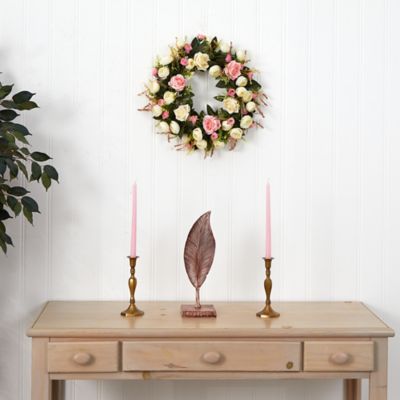 Image showing  20 in. White and Pink Rose Artificial Wreath