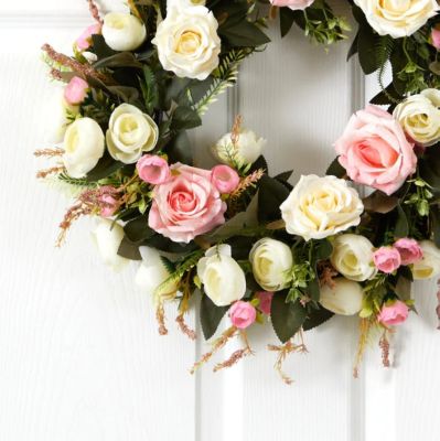 Image showing  20 in. White and Pink Rose Artificial Wreath