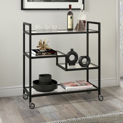 Hudson&Canal 3-Tier Lovett Rectangular Wheeled Bar Cart with Glass Shelves, Blackened Bronze