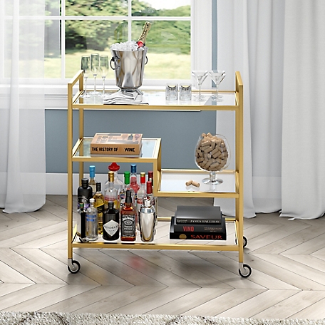 Hudson&Canal Lovett Rectangular Bar Cart with Glass Shelves