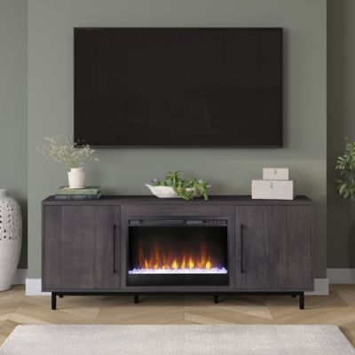 Hudson&Canal Julian Rectangular TV Stand with Crystal Fireplace