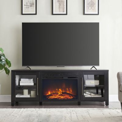 Hudson&Canal Quincy Rectangular TV Stand with Log Fireplace