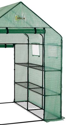 Image showing  56.5 in. L x 56.5 in. W Green Deluxe Walk-In 2-Tier 8-Shelf Portable Lawn and Garden Greenhouse with Heavy-Duty Anchors