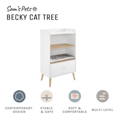 Image showing 6 th Sam's Pets 39 in. Becky Single Rest Cat Tree Bookshelf with Drawer, White