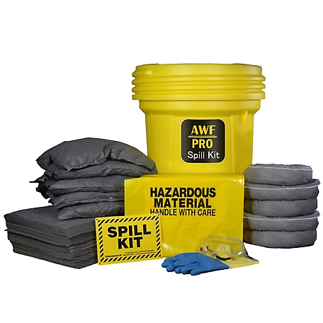 AWF PRO 30 Gallon Universal Spill Kit, 72 Pieces: 50 Pads, 5-4 ft. Socks, 5 - 18 in. x 18 in. Pillows, 12 Accessories