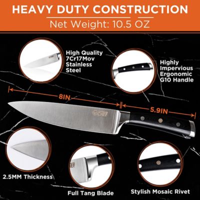 Image showing  Pro 8 in. High-Carbon Steel Full Tang Chef's Knife with Triple Rivet G10 Handle with Sharpener, CH7CR8INCKG10