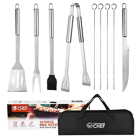 Commercial CHEF Stainless Steel BBQ Grilling Cooking Accessories - Grill Tool Set with Carry Bag (10 pc.), CHBBQK10