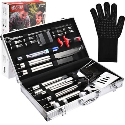 Commercial CHEF Stainless Steel BBQ Grilling Cooking Accessories - Cooking Grill Tool Set with Aluminum Case (25 pc.), CHBBQK25