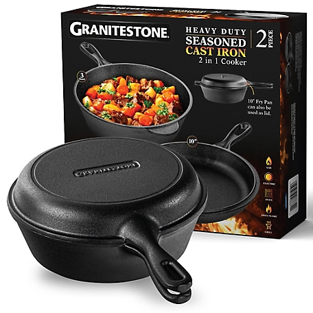 Granitestone 2-in-1 Pre-Seasoned 10 in. Cast Iron Frying Pan & 3 qt. Saute Pan