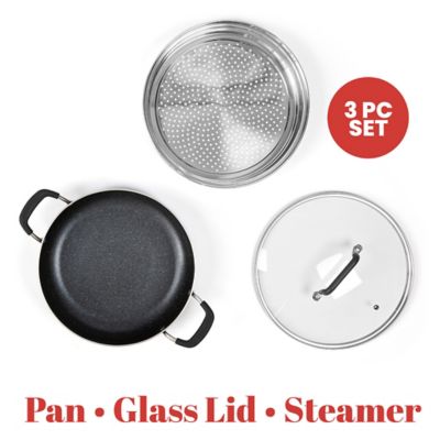 Image showing  Non-Stick Aluminum Everyday Pan with Steamer and Lid, Black