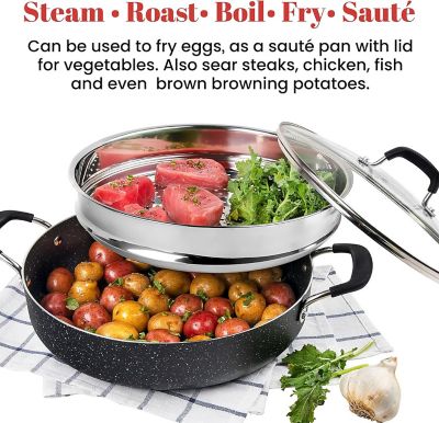 Image showing  Non-Stick Aluminum Everyday Pan with Steamer and Lid, Blue