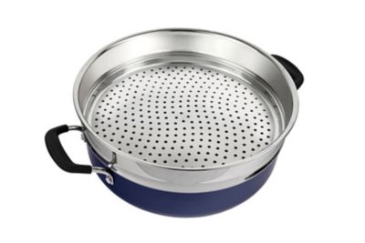 Image showing  Non-Stick Aluminum Everyday Pan with Steamer and Lid, Blue