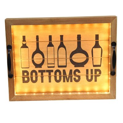 Image showing  Salento Farmhouse Rectangular Decorative LED Light Up Wooden Serving Tray with Metal Handles, Natural