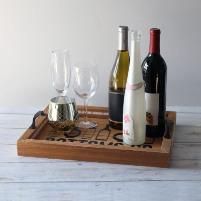 Image showing  Salento Farmhouse Rectangular Decorative LED Light Up Wooden Serving Tray with Metal Handles, Natural