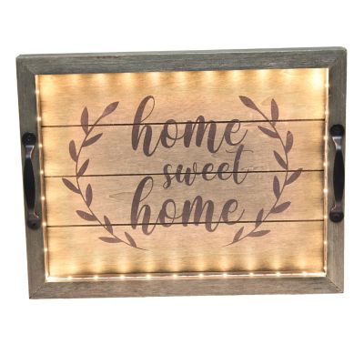 Image showing  Salento Farmhouse Rectangular Decorative LED Light Up Wooden Serving Tray with Metal Handles, Rustic Gray