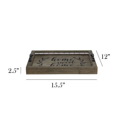 Image showing  Salento Farmhouse Rectangular Decorative LED Light Up Wooden Serving Tray with Metal Handles, Rustic Gray