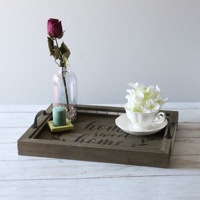 Image showing  Salento Farmhouse Rectangular Decorative LED Light Up Wooden Serving Tray with Metal Handles, Rustic Gray