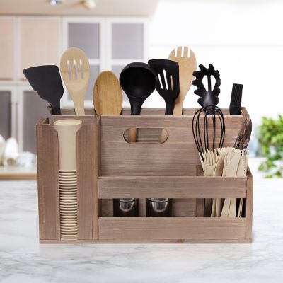 Image showing  Wooden Flatware and Utensils Caddy Condiment Organizer with Cutout Handle and Multiple Compartments