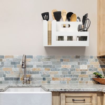 Image showing  Wooden Flatware and Utensils Caddy Condiment Organizer with Cutout Handle and Multiple Compartments