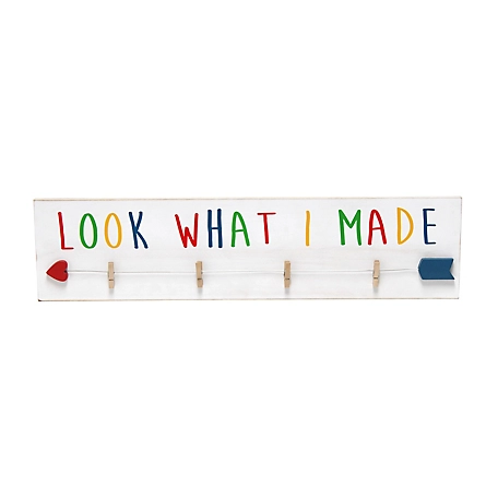 Elegant Designs Wall Mounted Hanging 4 Photo Wood Picture Frame with Clips Hearted Arrow and "Look What I Made" Script, Rainbow