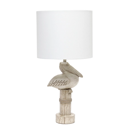 Simple Designs Shoreside Coastal Sitting Pelican Polyresin Bedside Table Desk Lamp with Fabric Drum Shade, 17.25 in.