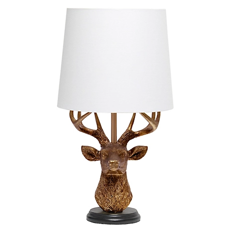 Simple Designs Woodland Rustic Antler Deer Bedside Table Desk Lamp with Tapered Fabric Shade, 17.25 in.