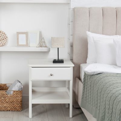 Simple Designs Modern Rectangular Multi-Use Bedside Table Desk Lamp with 2 USB Ports and Charging Outlet, Fabric Shade, 15.3 in.