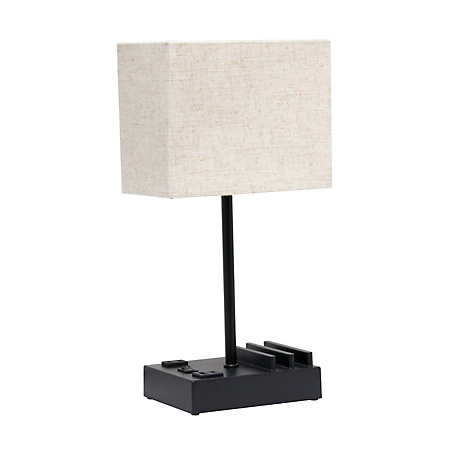 Simple Designs Modern Rectangular Multi-Use Bedside Table Desk Lamp with 2 USB Ports and Charging Outlet, Fabric Shade, 15.3 in.