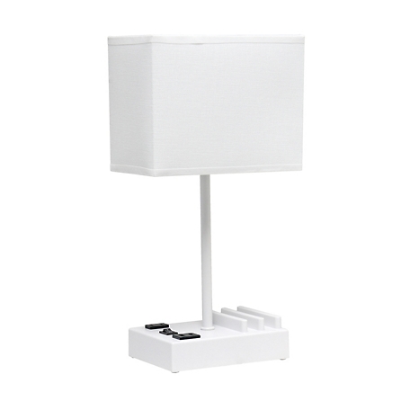 Simple Designs Modern Rectangular Multi-Use Bedside Table Desk Lamp with 2 USB Ports and Charging Outlet, Fabric Shade, 15.3 in.
